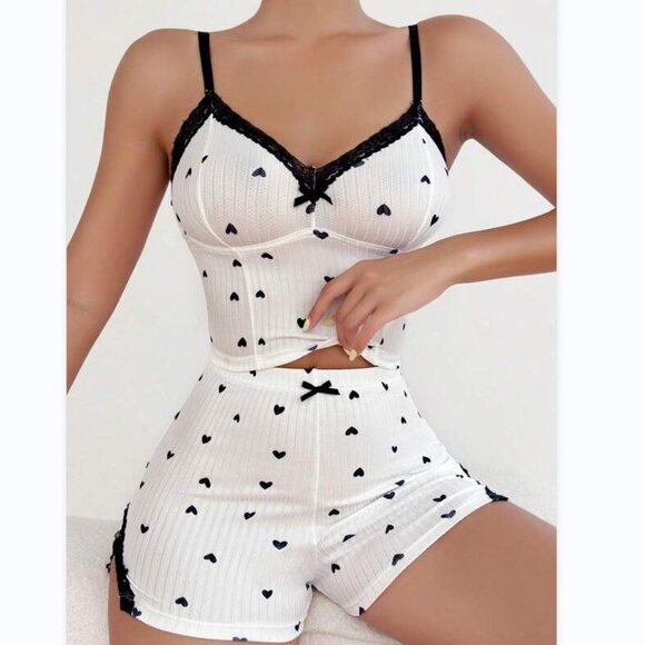 2/$30 Heart Prints White Pajama Set Shorts and Tank Top Sleeveless Lace Bow Pj - Picture 4 of 6